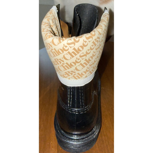 See By Chloe Luxury Black Glossy Logo Rain Boots Lace Up Combat Booties Size 8 - Picture 10 of 16